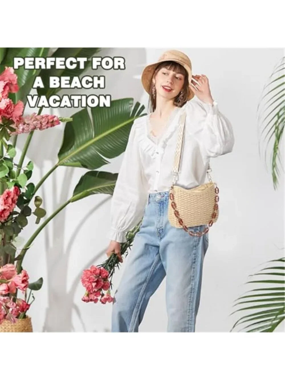 Straw Handbag Crossbody Pocketbook Bag Casual Woven Beach Summer Bag, Beige